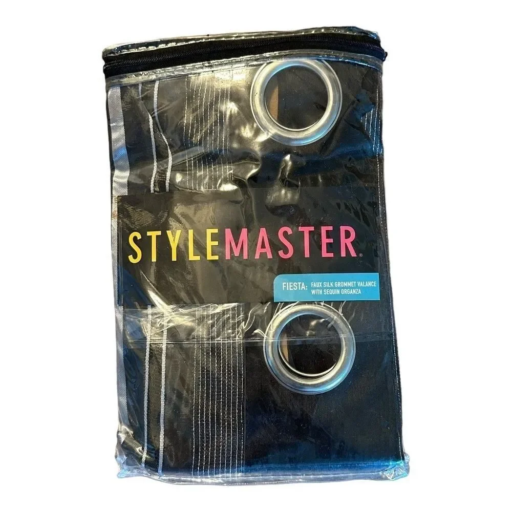 NWT StyleMaster Faux Silk Grommet Valance w/ Sequin Curtains Fiesta Black Silver